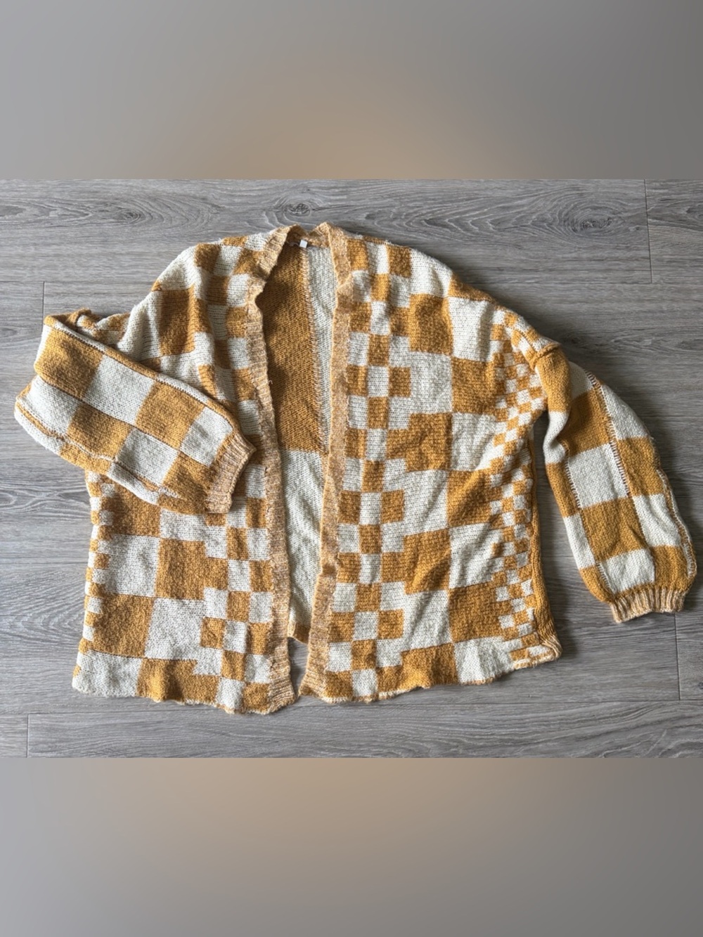 Checkerboard Knit Oversized Cardigan in Mustard and Cream